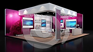 Commercial stand in an exhibition hall or a large professional salon ready to receive brands and advertisements