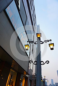 A commercial street view at dusk