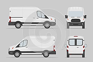 Commercial vehicle different view. Cargo van template. Vector illustration