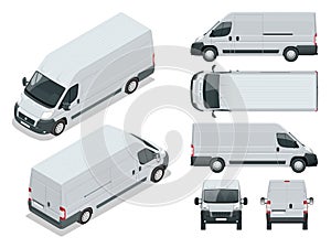 Commercial vehicle. Logistic car. Cargo minivan on white background. Front, rear, side, top and isometry front photo