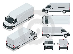 Commercial vehicle. Logistic car. Cargo minivan on white background. Front, rear, side, top and isometry front