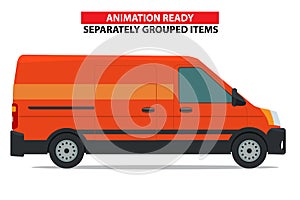 Commercial vehicle or minivan side view. Cargo or delivery car. Animation ready and each element groupped separately