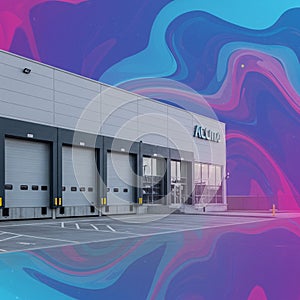 A commercial warehouse building with multiple large loading dock doors and a