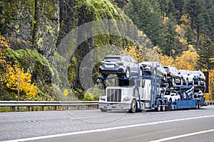 Commercial white big rig car hauler semi truck transporting cars on modular two level semi trailer driving on the autumn highway