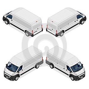 Commercial white van icons set isolated on a white background. Flat 3d vector isometric illustration.