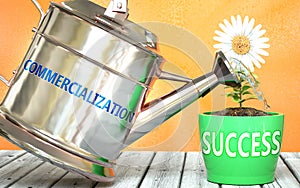 Commercialization helps achieve success - pictured as word Commercialization on a watering can to show that it makes success to