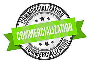 commercialization label sign. round stamp. band. ribbon