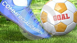 Commercialization and a life goal - pictured as word Commercialization on a football shoe to symbolize that it can impact a goal