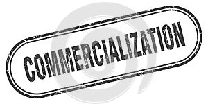 commercialization stamp. rounded grunge textured sign. Label