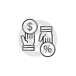 Commission percent dollar hands icon. Element of business motivation line icon