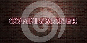 COMMISSIONER - fluorescent Neon tube Sign on brickwork - Front view - 3D rendered royalty free stock picture photo