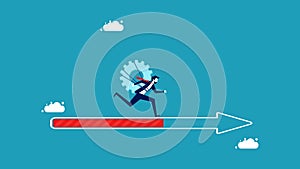 Commitment and mission to the goal. Businessman with cogs running on arrow progress bar