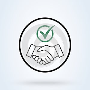 Commitment thin line icon. Handshake Shield Check Mark Icon Vector. Trust Commitment Business Illustration photo