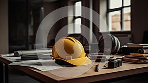 A commitment to safety, Yellow helmet on construction project desk