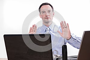 Committed employee giving stock market sell sign