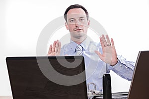 Committed employee giving stock market sell sign photo