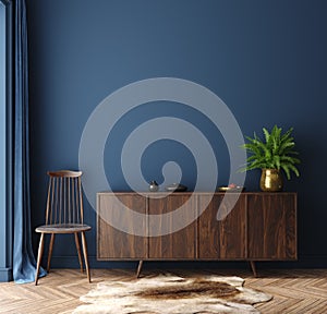 Commode with chair and decor in living room interior, dark blue wall mock up background