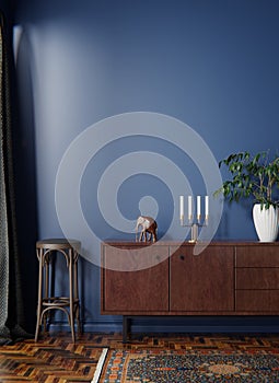 Commode with chair and decor in living room interior, dark blue wall mock up background, 3D render