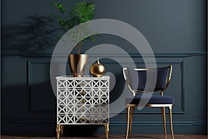 Commode with chair and decor in living room interior, dark blue wall mock up background. Generative AI