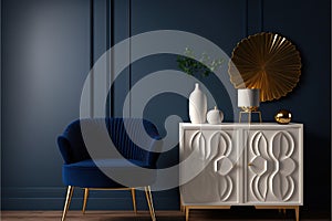 Commode with chair and decor in living room interior, dark blue wall mock up background. Generative AI