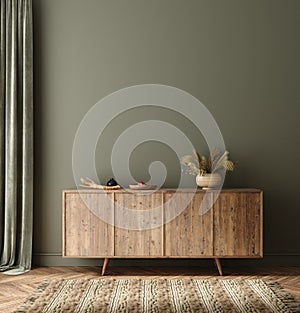 Commode with decor in living room interior, dark green wall mock up background