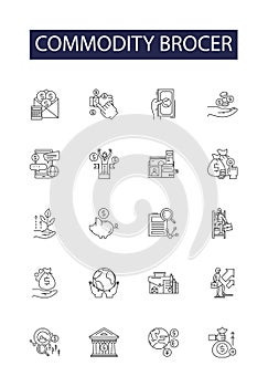 Commodity brocer line vector icons and signs. Broker, Trading, Futures, Options, Goods, Stocks, Investing, Market