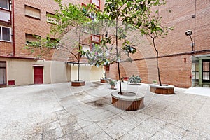 Common areas of a residential building with brick grates with young trees and stone tiled floors