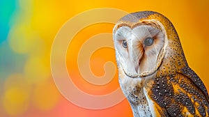 common barn owl in studio with a colorful and bright background. Tyto albahead. AI Generative