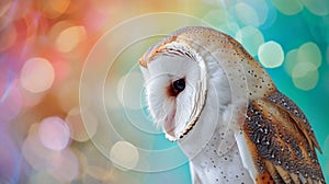 common barn owl in studio with a colorful and bright background. Tyto albahead. AI Generative