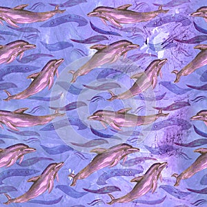 Common bottlenose dolphin, hand painted watercolor illustration, seamless pattern on blue, purple ocean surface with waves