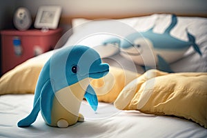 A Common Bottlenosed Dolphin Toy On A Childs Bed. Generative AI