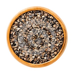 Common buckwheat seeds with hulls in wooden bowl