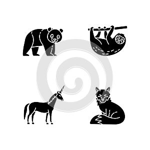 Common and fantasy animals black glyph icons set on white space