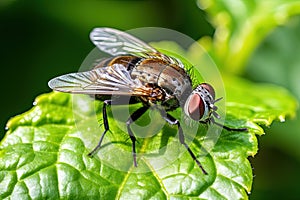 Common fly on a green leaf.