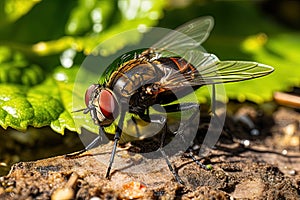 Common fly on a green leaf.