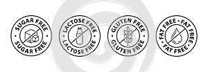 Common food allergens, gluten free icon, fat free icon, lactose free icon, sugar free icon