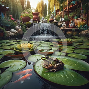 Common frog sits on lily leaf on a typical garden pond