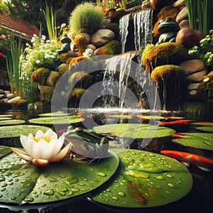 Common frog sits on lily leaf on a typical garden pond