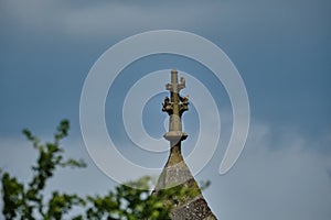 common kestrel sitting high on top of medieval german church