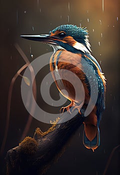 Common Kingfisher under rain. Generative AI