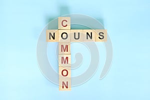 Common Nouns concept in English grammar education. Wooden block crossword puzzle flat lay in blue background.