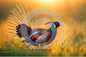 Common Pheasant Striding Through Dew-Covered Meadow, Vibrant Plumage Reflecting Wildlife Photography Close-Up