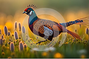 Common Pheasant Striding Through Dew-Covered Meadow, Vibrant Plumage Reflecting Wildlife Photography Close-Up