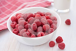 Common raspberries. Ripe red fruits in white bowl