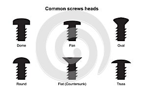 Common screws heads. Types of Slots bolt heads. The screw head. Instructions