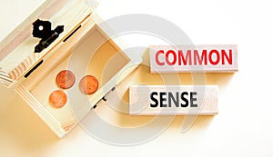 Common sense symbol. Concept words Common sense on beautiful wooden block. Beautiful white table white background. Wooden chest