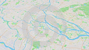 Common simple Guangzhou map background loop. Spinning around China city air footage. Seamless panorama rotating over downtown