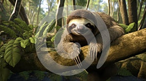 Common Sloth on jungle. A happy sloth hanging from a tree in Costa Rica. generative ai