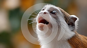 A common squirrel monkey with a white face and brown fur is looking up at the camera