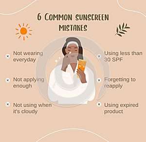 Common sunscreen mistakes. SPF. Sunscreen SPF tips infographic. Vector
